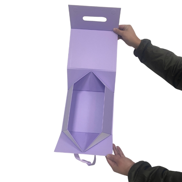 Custom Purple Folding Gift Paper Box with Ribbon Handle