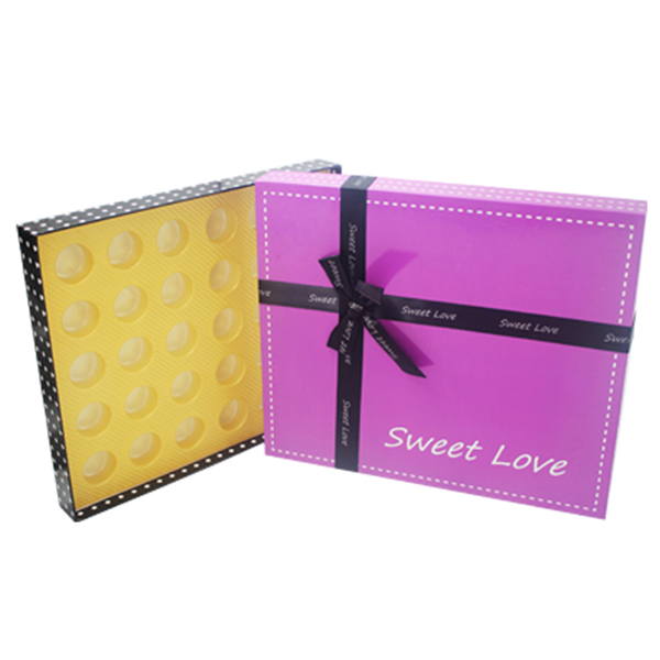 Full Color Printed Square Chocolate packaging Cardboard Box with ribbon
