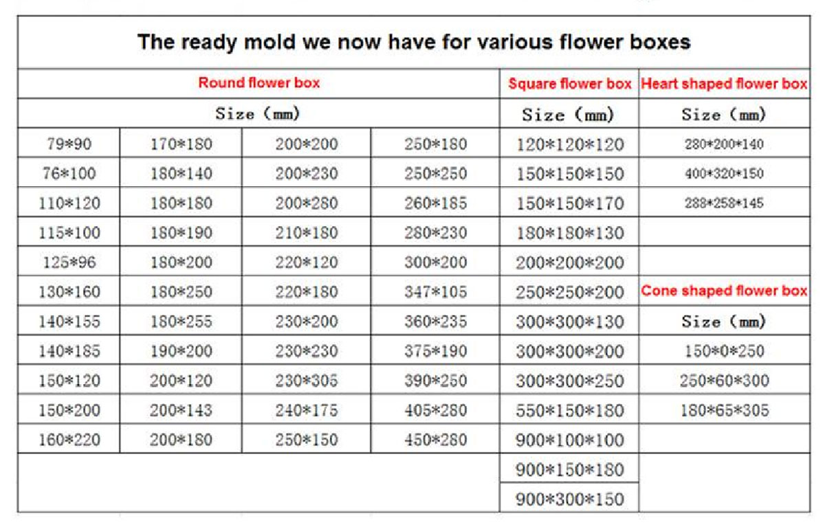 What are the common sizes for rose boxes?
