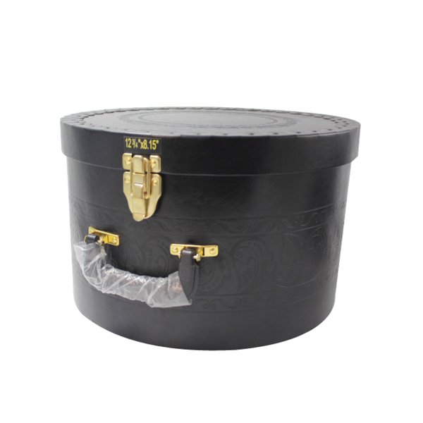 PU leather wrapping rigid paper round box with handle